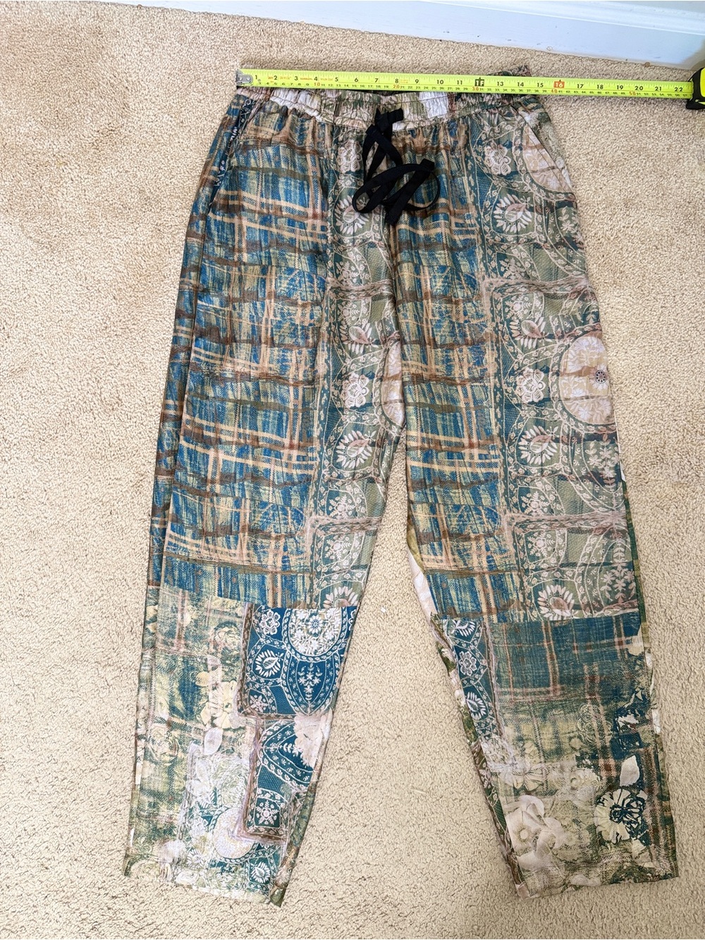 Women's Green Patchwork Print Drawstring Silk Trousers from Bokja